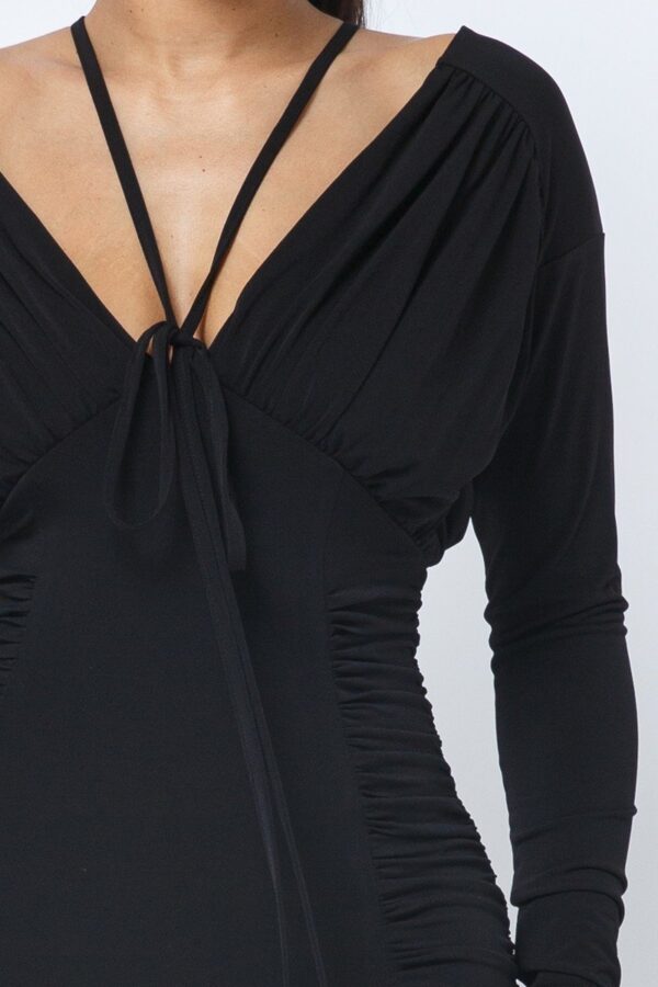 Long Sleeve Midi Dress – Low V-Neck & Ruching, Black