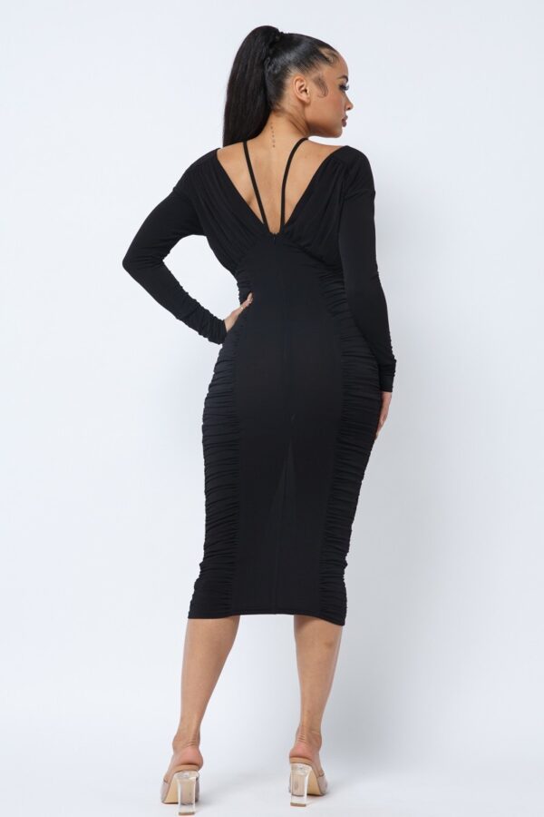 Long Sleeve Midi Dress – Low V-Neck & Ruching, Black