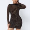 Animal Print Mock Neck Mini Dress – Brown