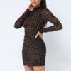 Animal Print Mock Neck Mini Dress – Brown