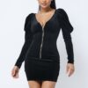 Velvet Puff Sleeve Mini Dress – Low V-Neck, Black