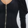Velvet Puff Sleeve Mini Dress – Low V-Neck, Black
