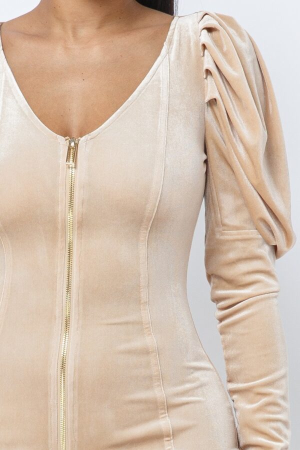 Velvet Pleated Puff-Sleeve Mini Dress with Gold Zippers
