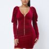 Velvet Pleated Puff-Sleeve Mini Dress – Low V-Neck