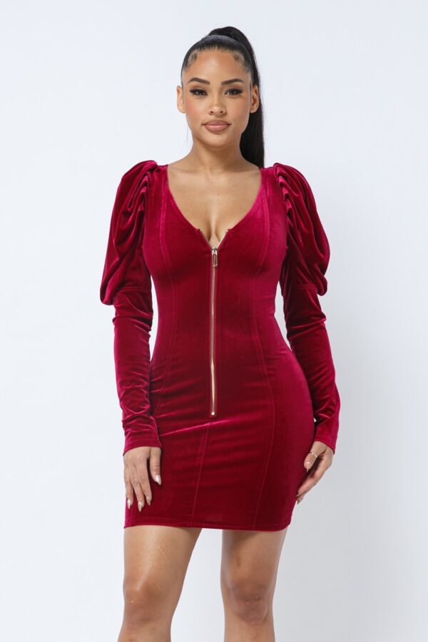 Velvet Pleated Puff-Sleeve Mini Dress – Low V-Neck