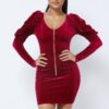 Velvet Pleated Puff-Sleeve Mini Dress – Low V-Neck