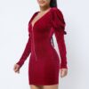 Velvet Pleated Puff-Sleeve Mini Dress – Low V-Neck