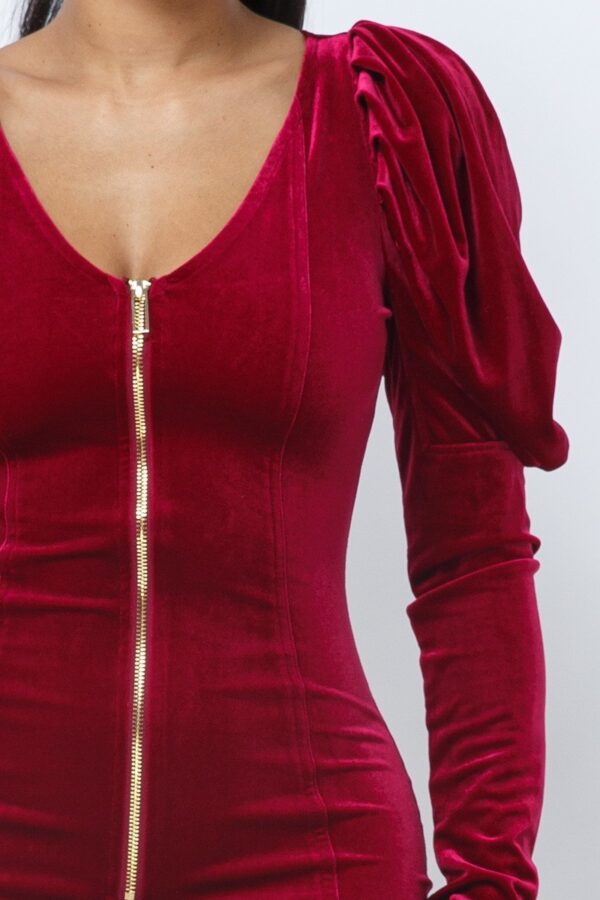 Velvet Pleated Puff-Sleeve Mini Dress – Low V-Neck