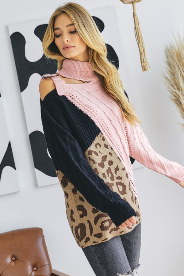 Turtleneck Cutout Colorblock Sweater – Pink
