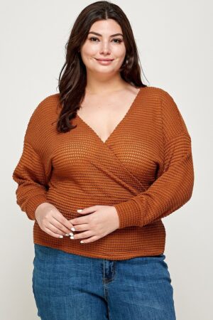 Plus Size Waffle-Knit Surplice Top – Camel