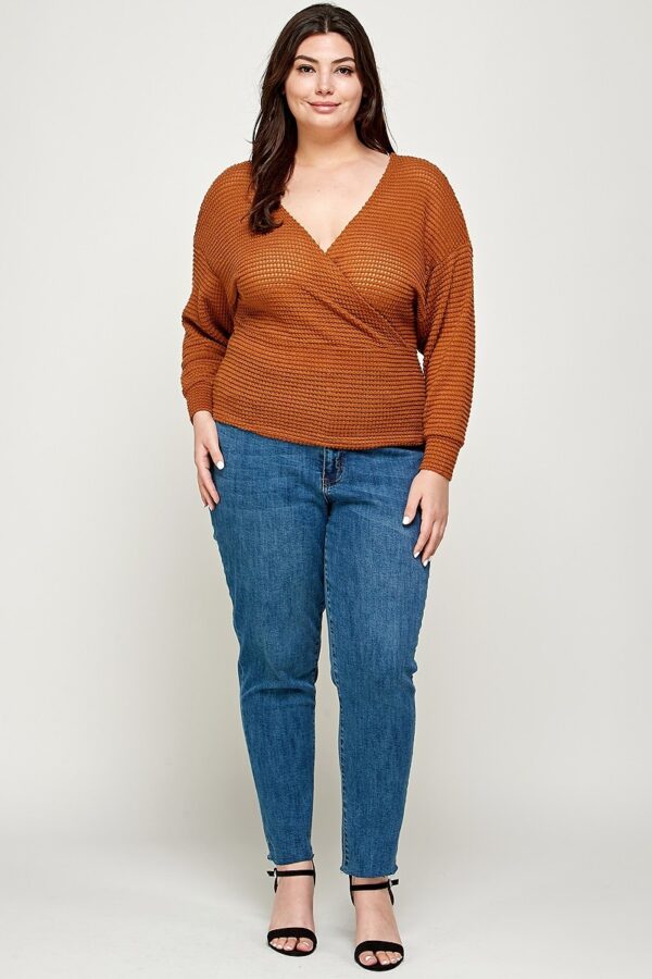 Plus Size Waffle-Knit Surplice Top – Camel