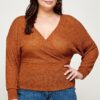 Plus Size Waffle-Knit Surplice Top – Camel