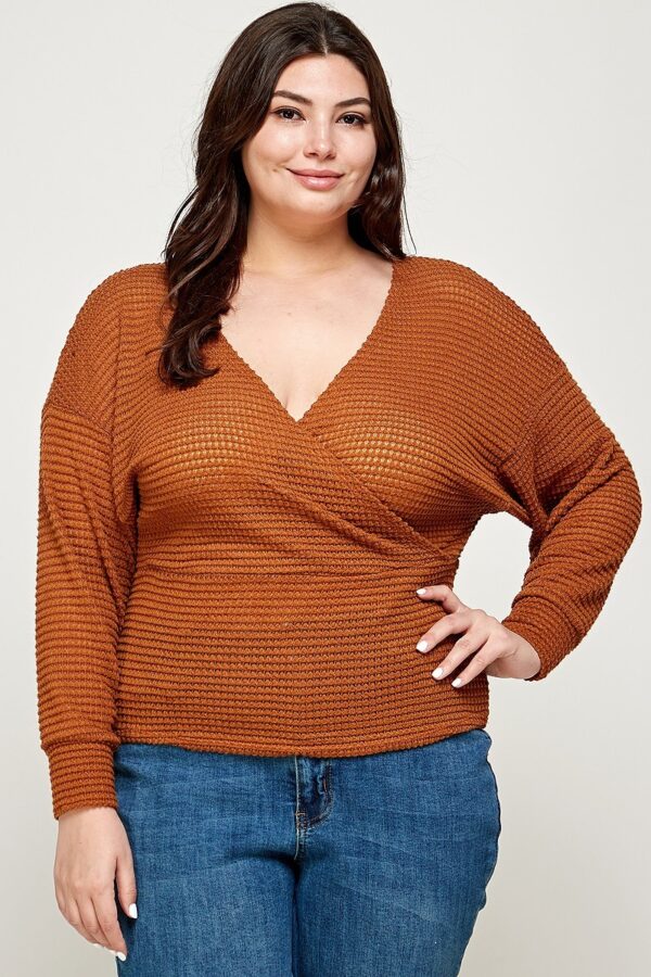 Plus Size Waffle-Knit Surplice Top – Camel