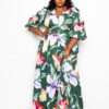Puff Sleeve Button-Front Dress – Plus Size Olive Multi