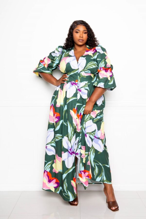 Puff Sleeve Button-Front Dress – Plus Size Olive Multi