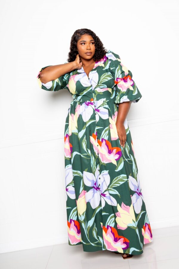 Puff Sleeve Button-Front Dress – Plus Size Olive Multi