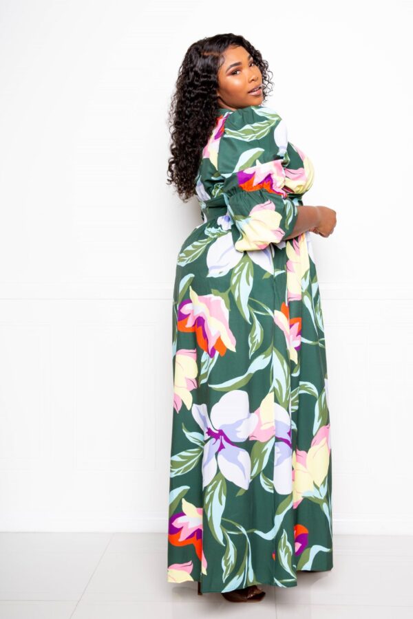 Puff Sleeve Button-Front Dress – Plus Size Olive Multi