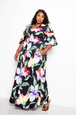 Puff Sleeve Button-Front Dress – Black Multi (Plus Size)