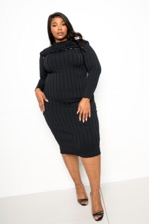 Plus Size Bodycon Sweater Dress with Knot Detail – Black