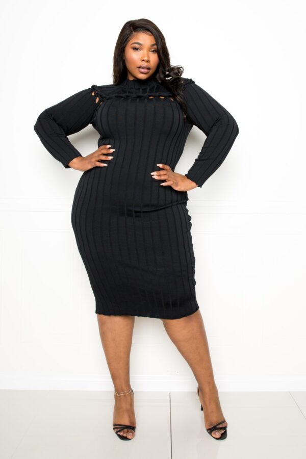 Plus Size Bodycon Sweater Dress with Knot Detail – Black