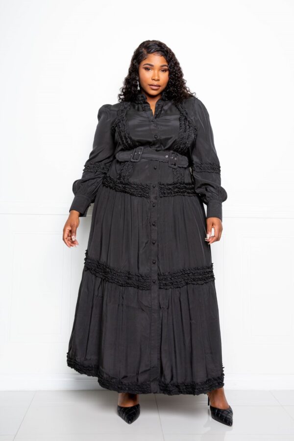 Belted Shirt Dress with Ruffle Detail – Plus Size, Black