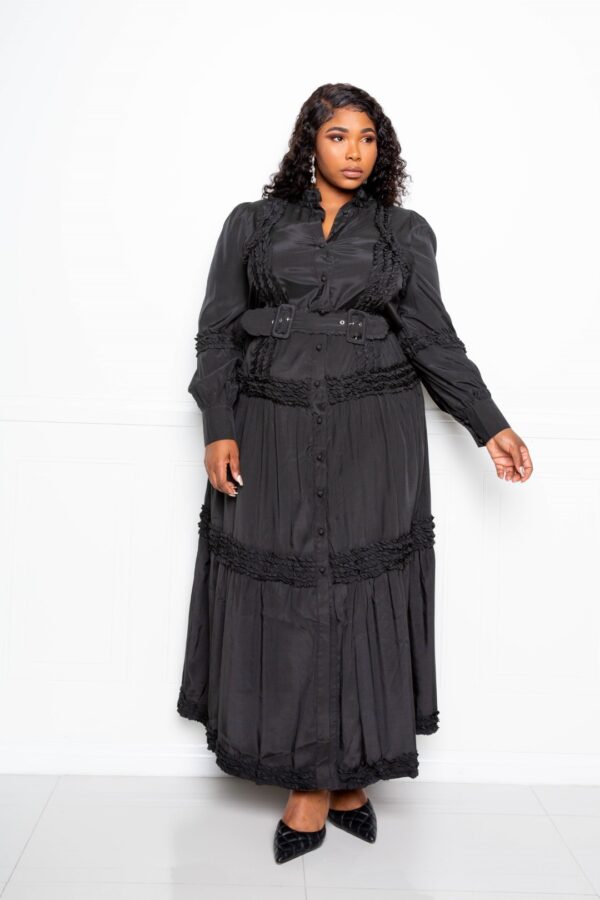 Belted Shirt Dress with Ruffle Detail – Plus Size, Black