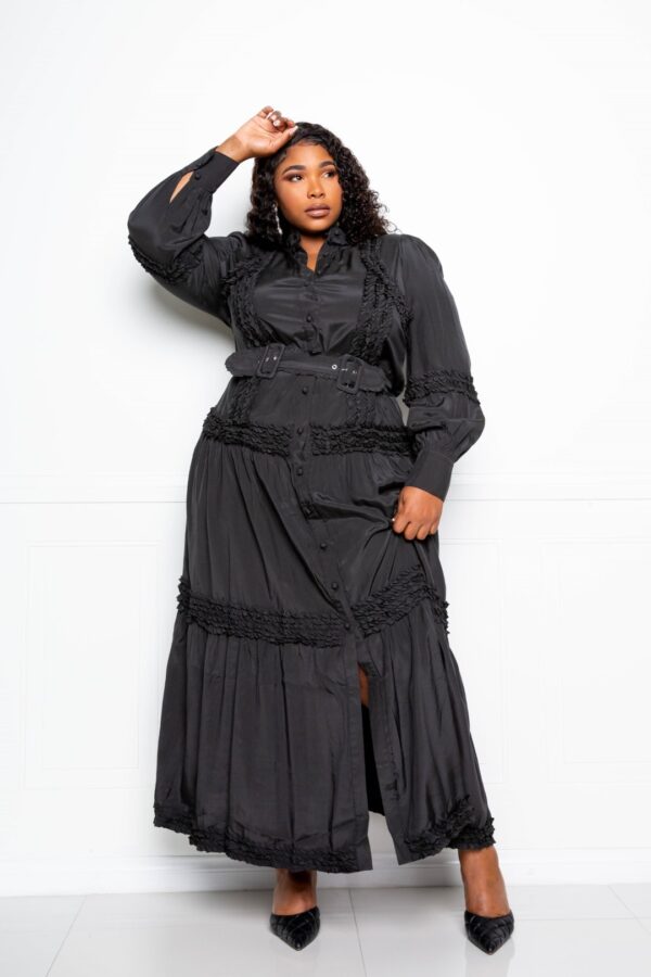 Belted Shirt Dress with Ruffle Detail – Plus Size, Black