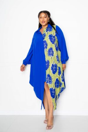 Print Drapy Shirt Maxi Dress – Royal Multi (Plus Size)
