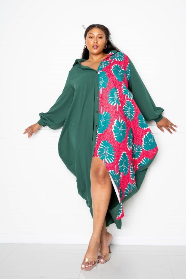 Plus Size Print Drapy Shirt Maxi Dress – Teal Multi