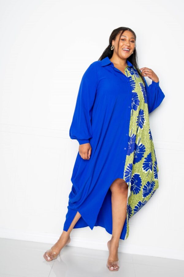 Print Drapy Shirt Maxi Dress – Royal Multi (Plus Size)