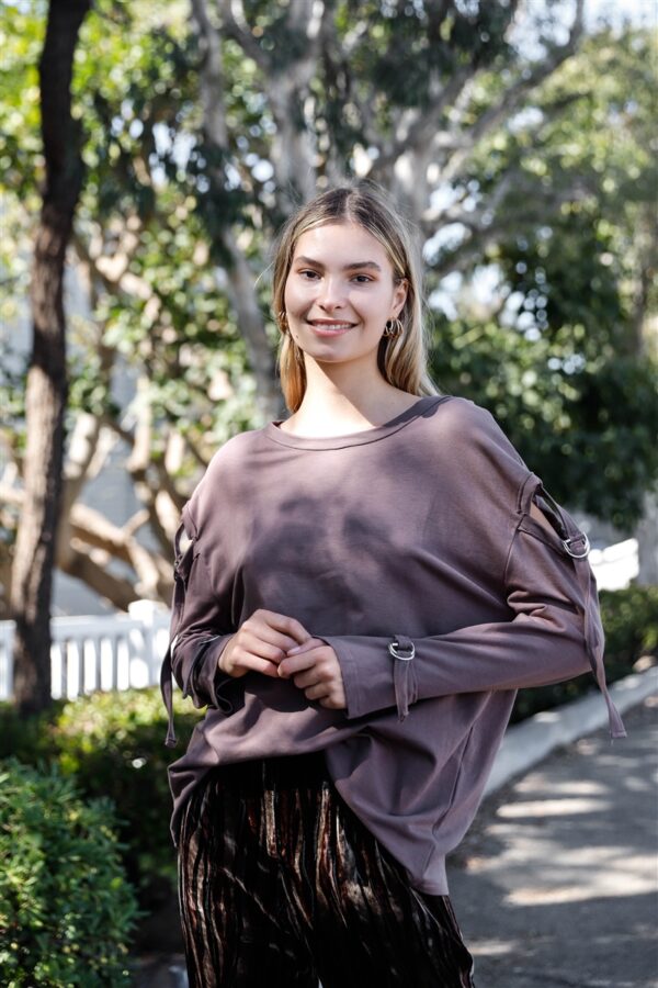 Long-Sleeve Cut-Out Sweater with Strap Detail – Cocoa