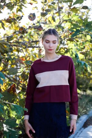 Burgundy Colorblock Crop Top with Faux Suede Trim