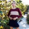 Burgundy Colorblock Crop Top with Faux Suede Trim
