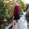Burgundy Colorblock Crop Top with Faux Suede Trim