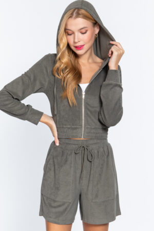 Terry Towelling Hoodie Jacket – Olive Zip-Up
