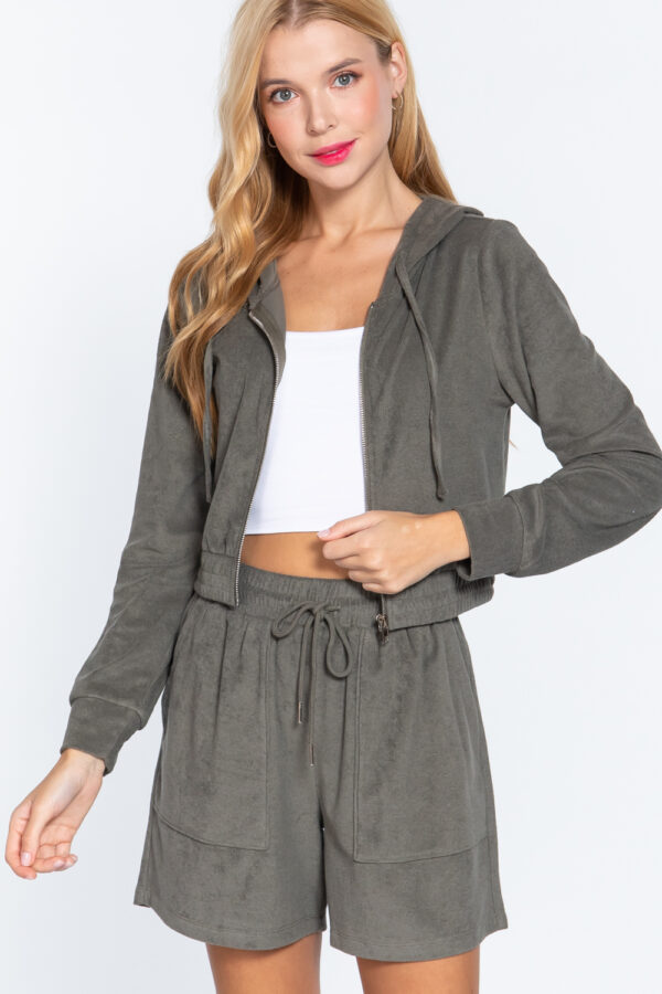 Terry Towelling Hoodie Jacket – Olive Zip-Up