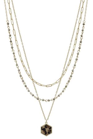 3-Layer Metal Crystal Bead Necklace – Hexagon Leopard Pendant