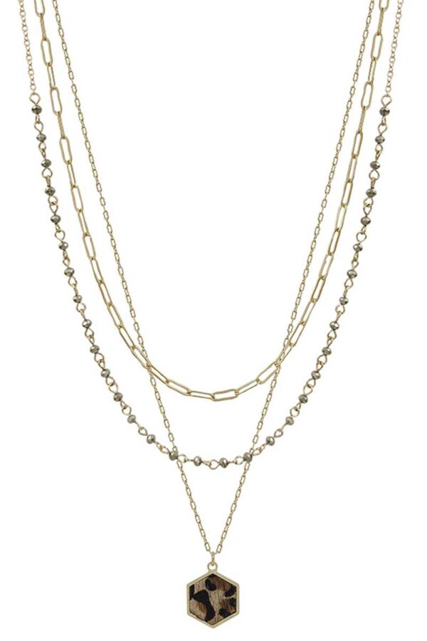 3-Layer Metal Crystal Bead Necklace – Hexagon Leopard Pendant