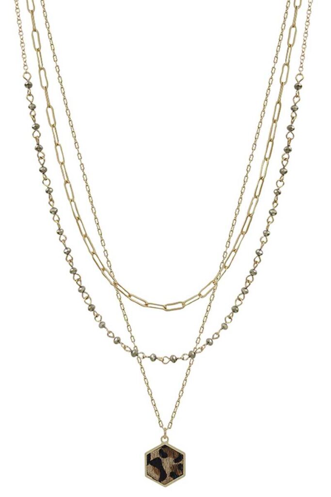 3-Layer Metal Crystal Bead Necklace - Hexagon Leopard Pendant