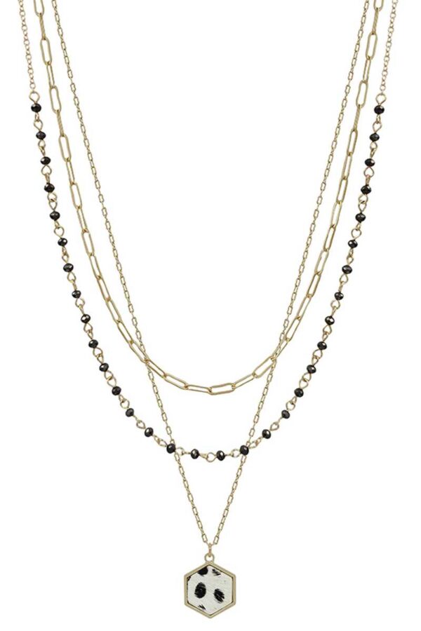 3-Layer Metal Crystal Bead Necklace – Hexagon Leopard Pendant