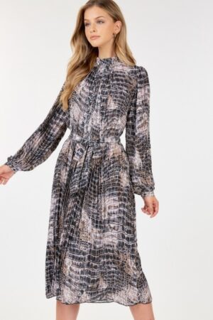 Pleated Snake-Print Midi Dress – Long Sleeve Skin Multi