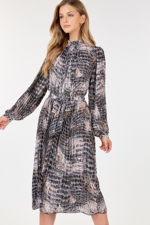 Pleated Snake-Print Midi Dress – Long Sleeve Skin Multi