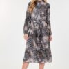 Pleated Snake-Print Midi Dress – Long Sleeve Skin Multi