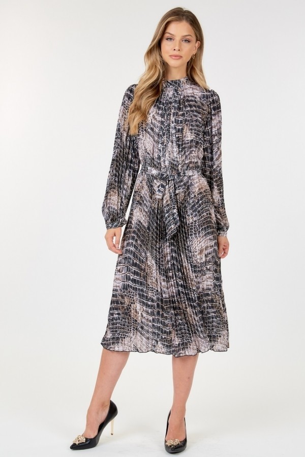 Pleated Snake-Print Midi Dress – Long Sleeve Skin Multi