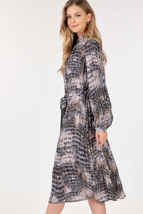 Pleated Snake-Print Midi Dress – Long Sleeve Skin Multi