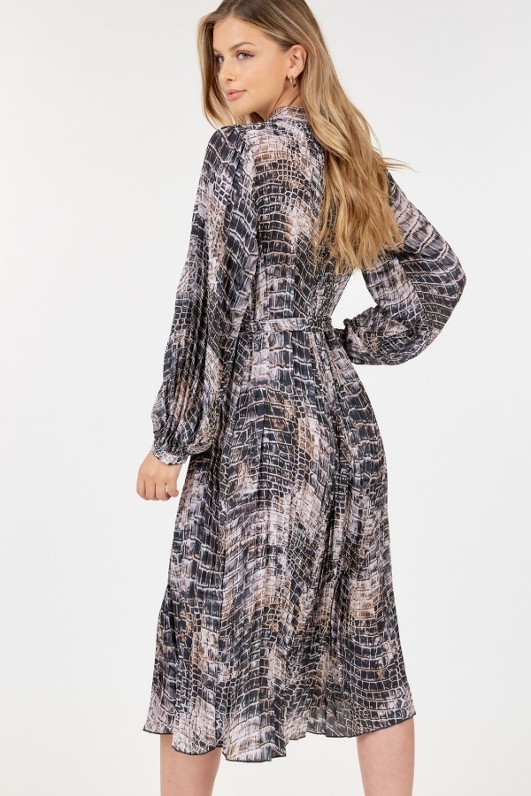 Pleated Snake-Print Midi Dress – Long Sleeve Skin Multi