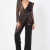 Plunging V Leopard Jumpsuit with Buckle – Black/Mocha