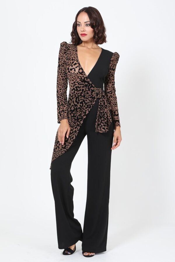 Plunging V Leopard Jumpsuit with Buckle – Black/Mocha