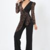 Plunging V Leopard Jumpsuit with Buckle – Black/Mocha