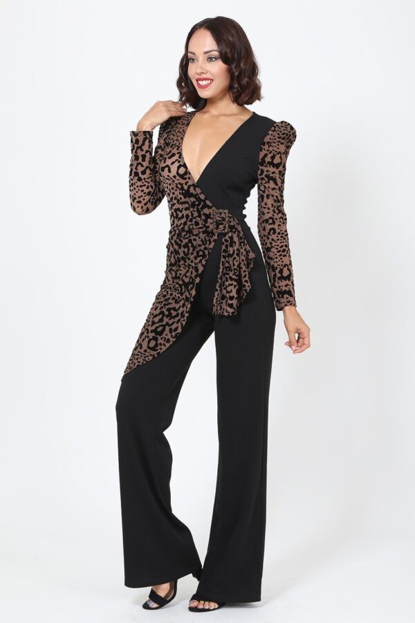 Plunging V Leopard Jumpsuit with Buckle – Black/Mocha